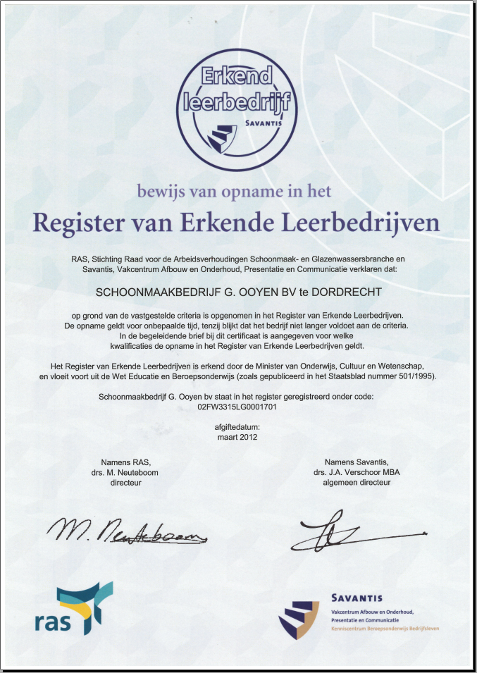 Certificaat erkend leerbedrijf maart 2012